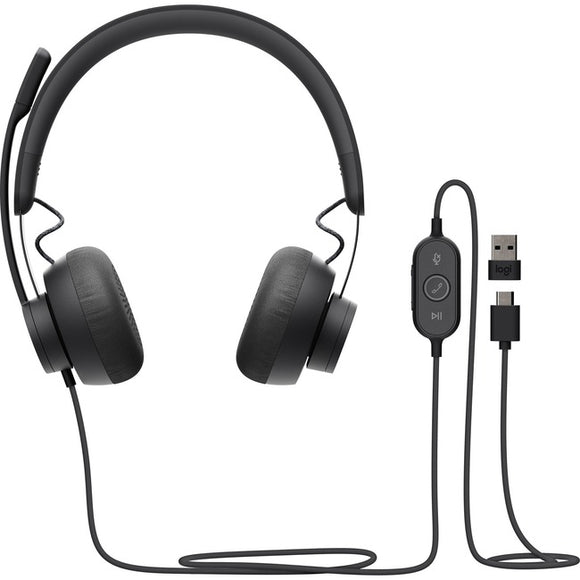 Logitech Zone 750 Wired On-Ear Headset with advanced noise-canceling microphone, simple USB-C and included USB-A adapter, plug-and-play compatibility for all devices