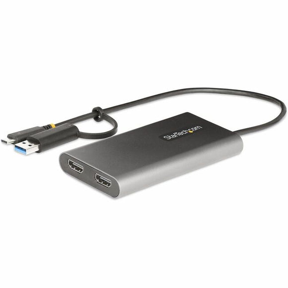 USB-C to Dual-HDMI Adapter, USB-C/A to 2x HDMI, 4K 60Hz, 100W PD Pass-Through, 1ft/30cm Built-in Cable, USB to HDMI Converter