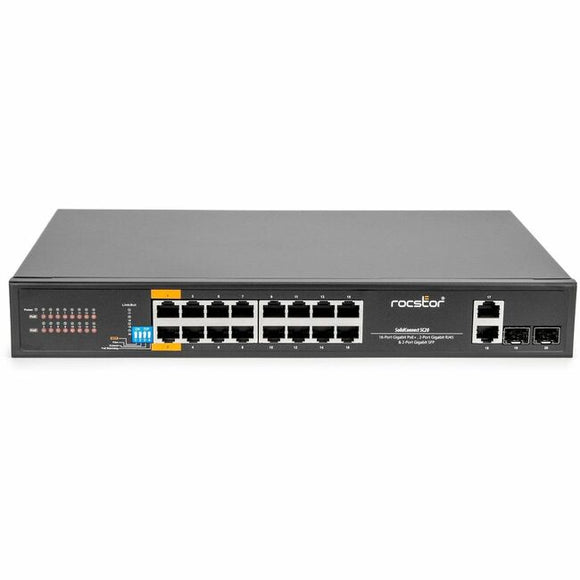 Rocstor SolidConnect SC20 20-Port Switch, 16-Port PoE+ Gigabit Unmanaged Ethernet Port, 2x Gigabit RJ45 & 2� SFP Uplink - 802.3af/at
